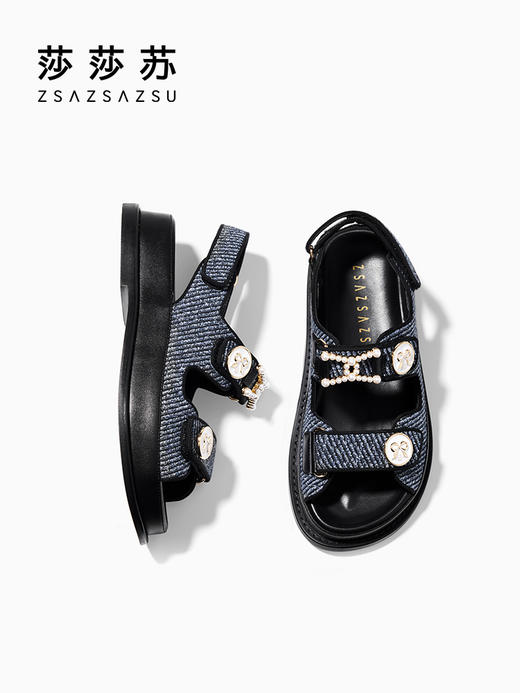 【2F】[锁链结]莎莎苏2023夏季魔术贴沙滩凉鞋外穿珍珠小香风运动凉鞋女 商品图3