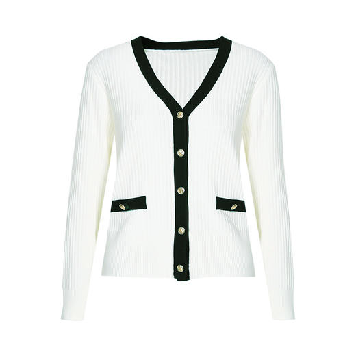 EITIE爱特爱春季新款撞色简约显瘦通勤百搭白色V领针织开衫A2301101 商品图5