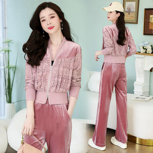 春装时尚两件套，金丝绒蕾丝拼接套装HR-YLFS8826-1 商品图4