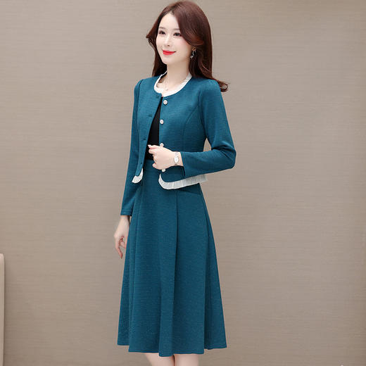 春款短款木耳边拼接长袖外套，长款简约修身时尚连衣裙两件套QYM-2A2309-L 商品图1