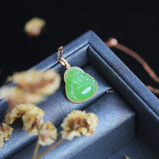 18K玫瑰金和田玉（碧玉）镶钻项链--玉佛13*14mm/链长40+2cm/苹果绿 商品图1