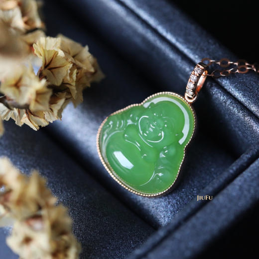 18K玫瑰金和田玉（碧玉）镶钻项链--玉佛13*14mm/链长40+2cm/苹果绿 商品图4