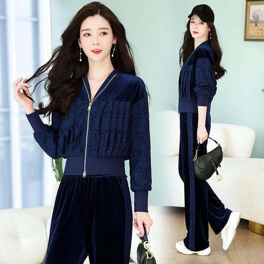 春装时尚两件套，金丝绒蕾丝拼接套装HR-YLFS8826-1 商品图2