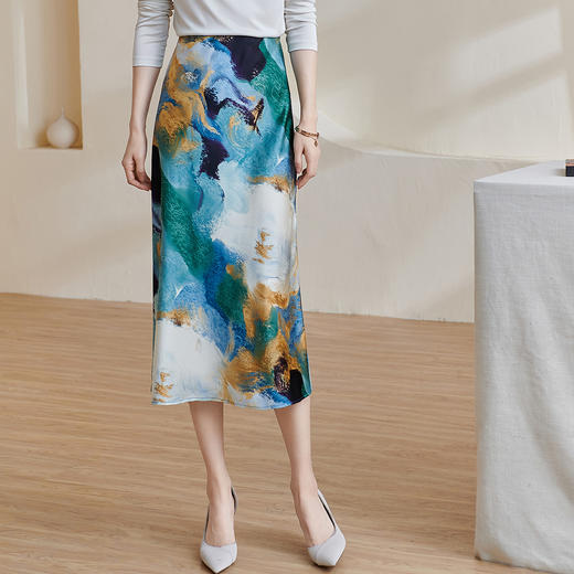 米思阳2026夏季新款时尚水彩印花中长裙顺滑显瘦a字半身裙女0630 商品图0