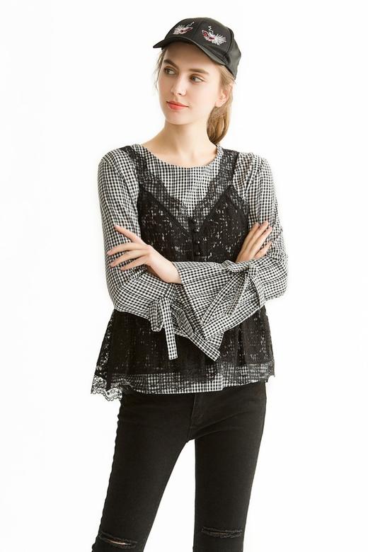ROEM 仿两件式蕾丝格纹衬衫 1491 商品图0