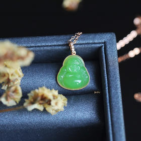 18K玫瑰金和田玉（碧玉）镶钻项链--玉佛13*14mm/链长40+2cm/苹果绿
