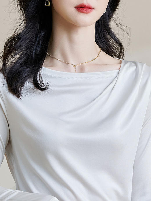 基础款醋酸一字领上衣 米思阳2026春季新款纯色百搭长袖t恤女0913 商品图3