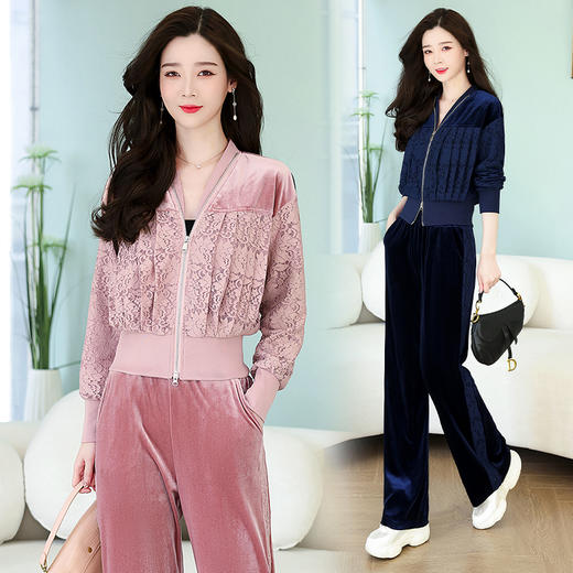 春装时尚两件套，金丝绒蕾丝拼接套装HR-YLFS8826-1 商品图3