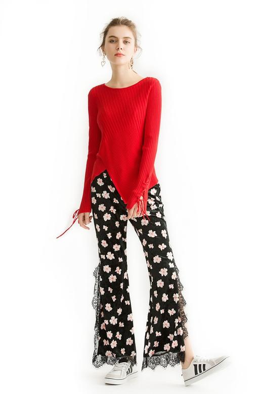 LILY 橘红色螺纹开衩针织衫 1486 商品图1