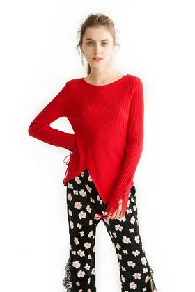 LILY 橘红色螺纹开衩针织衫 1486