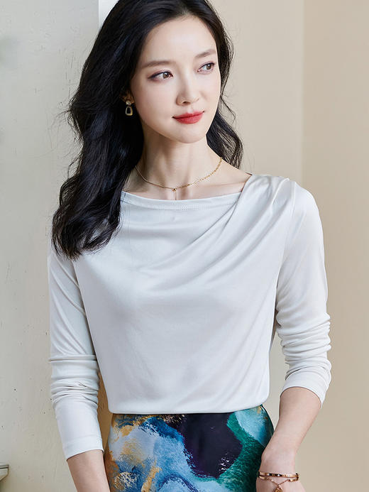 基础款醋酸一字领上衣 米思阳2026春季新款纯色百搭长袖t恤女0913 商品图1