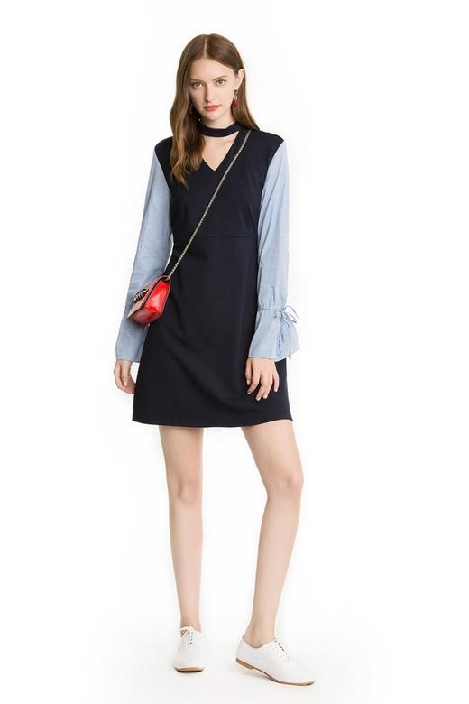 Eifini伊芙丽 深蓝色拼接袖choker连衣裙 1503 商品图1