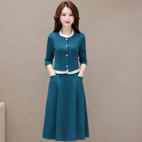 春款短款木耳边拼接长袖外套，长款简约修身时尚连衣裙两件套QYM-2A2309-L