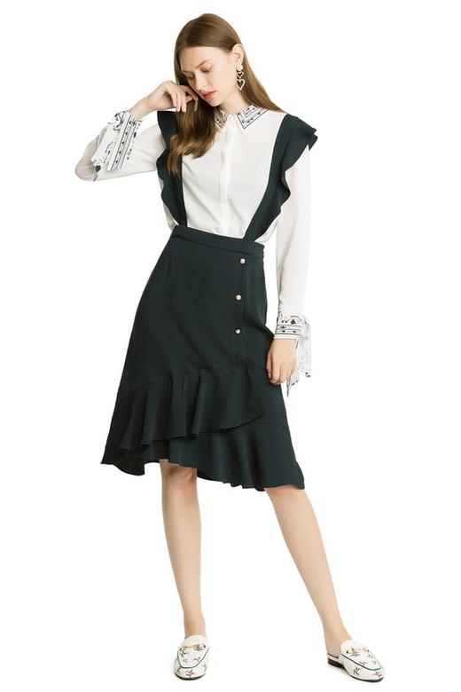 ROEM 墨绿色可拆卸花边背带裙 1498 商品图0