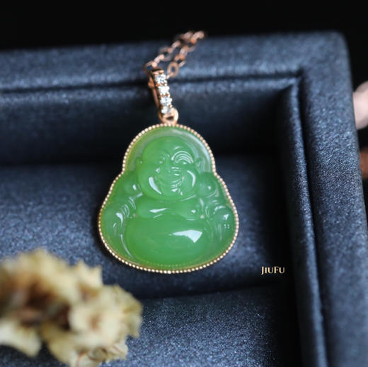 18K玫瑰金和田玉（碧玉）镶钻项链--玉佛13*14mm/链长40+2cm/苹果绿 商品图2