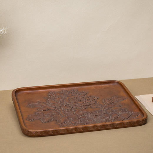 木雕整挖牡丹花卉纹茶盘 商品图4