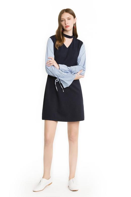 Eifini伊芙丽 深蓝色拼接袖choker连衣裙 1503 商品图0