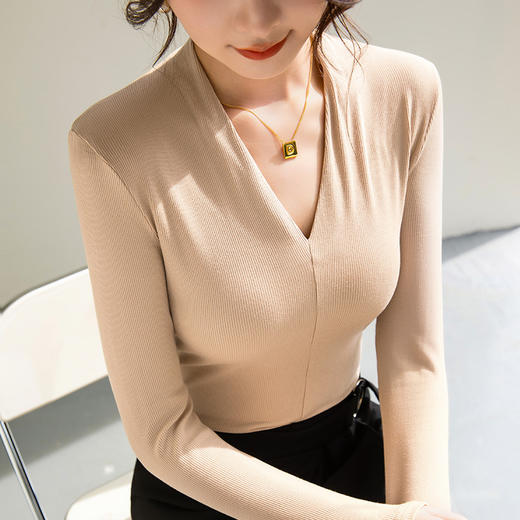 DY330291新款女装性感深V洋气小衫弹力内搭紧身长袖上衣 商品图0