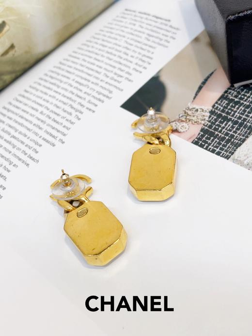 Chanel 双C 大方钻 吊坠 金色 耳环 商品图3