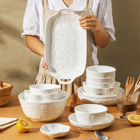 摩登主妇北欧碗碟餐具套装家用高端陶瓷饭碗汤碗创意浮雕碗盘组合