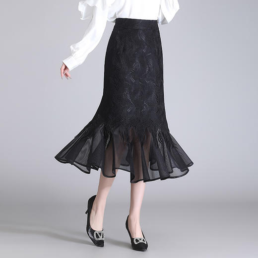 YY-2305蕾丝鱼尾半身裙女春季2023新款高腰显瘦中长款网纱边包臀裙一步裙 商品图1