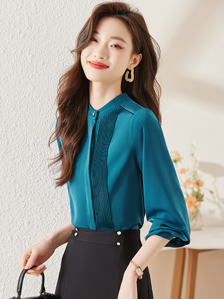 春季新款时尚圆领立领衬衫女气质百搭显瘦上衣