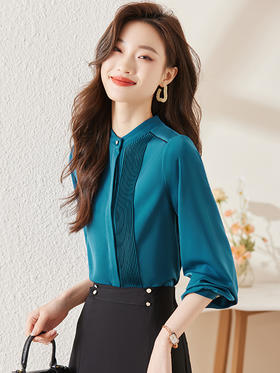 春季新款时尚圆领立领衬衫女气质百搭显瘦上衣