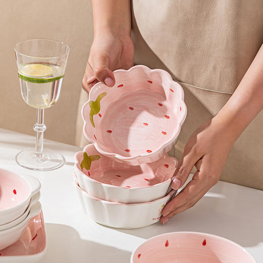 摩登主妇草莓碗陶瓷沙拉碗手柄碗可爱双耳汤碗好看的碗少女心餐具 商品图1