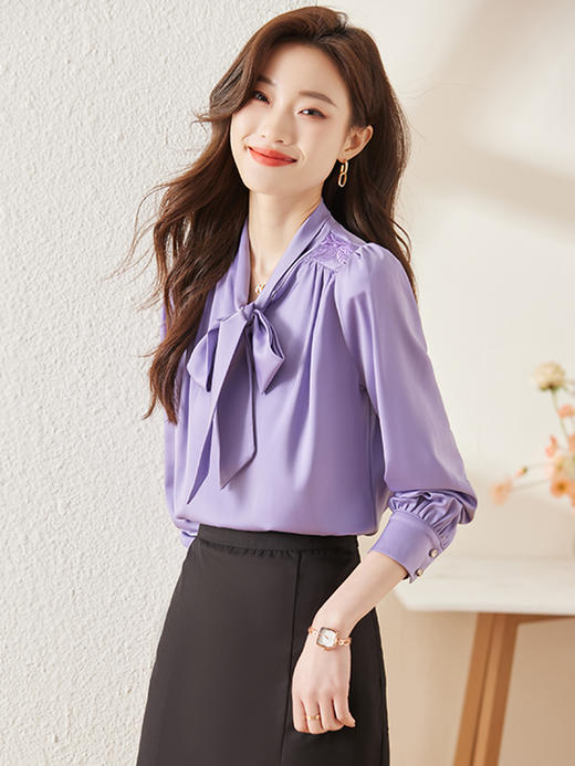 职业雪纺衬衫女长袖蝴蝶结飘带法式上衣洋气时尚高端衬衣 商品图1