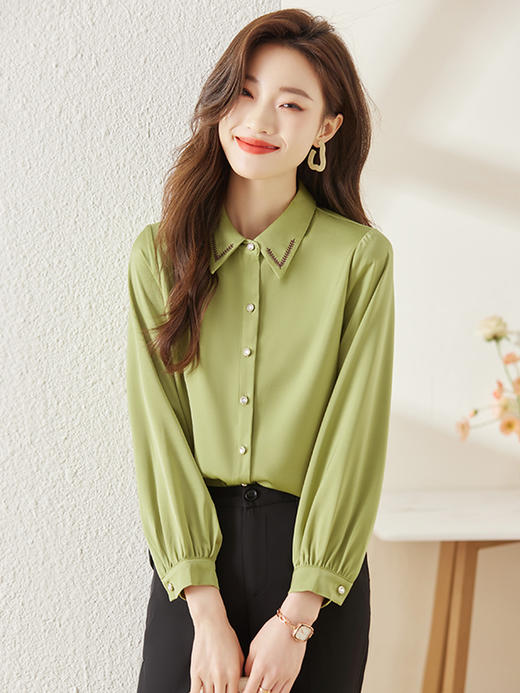 春季新款绿色衬衫女翻领刺绣设计感小众别致法式上衣 商品图2