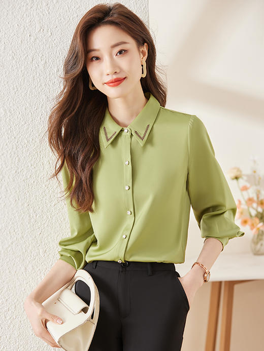 春季新款绿色衬衫女翻领刺绣设计感小众别致法式上衣 商品图1