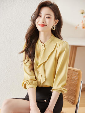 春款设计感荷叶边圆领上衣时尚洋气职业衬衫女