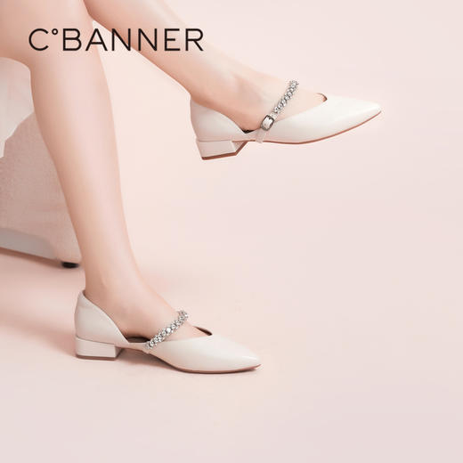 千百度女鞋夏季时装半凉钻带单鞋通勤真皮晚晚鞋中跟尖头 A24237007 商品图1