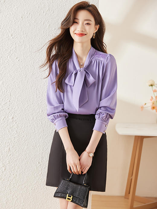 职业雪纺衬衫女长袖蝴蝶结飘带法式上衣洋气时尚高端衬衣 商品图3