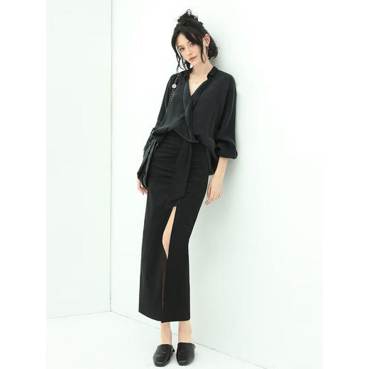 【秒杀】COCOBELLA设计感捏褶高开叉OL半身裙女气质飘带裹身长裙HS103 商品图3