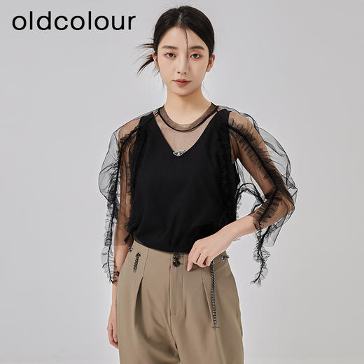 oldcolour2023春季新款蕾丝拼接V领显瘦时尚套头衬衫O13013359 商品图3