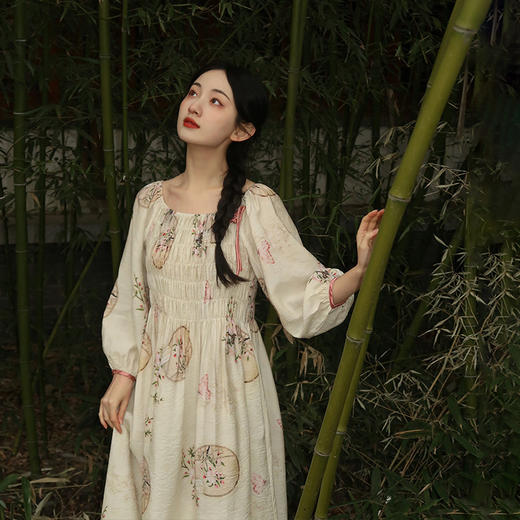 春夏新款，印花天丝麻V领显瘦长裙宽松文艺中长裙连衣裙YM-426 商品图2