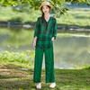 夏季新款，复古风简约通勤轻薄格子衬衫配提花缎面阔腿裤套装女HR-WS22609 商品缩略图1