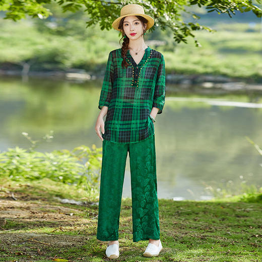 夏季新款，复古风简约通勤轻薄格子衬衫配提花缎面阔腿裤套装女HR-WS22609 商品图1
