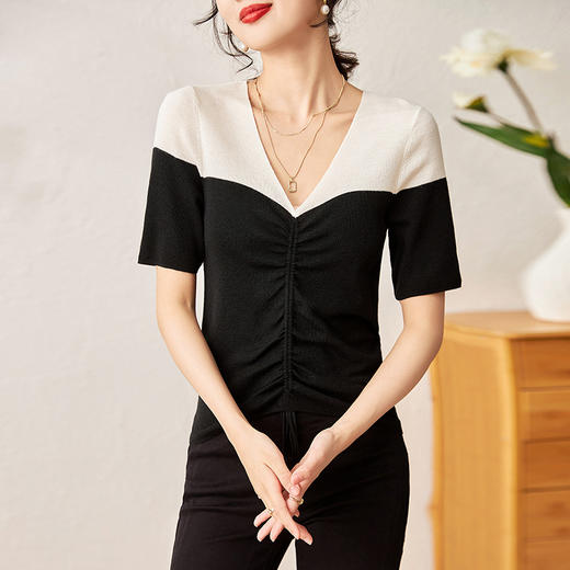 时尚撞色，16针80支极细美丽诺羊毛小众设计拼色系带抽绳T恤针织衫WLZD-2301806 商品图0