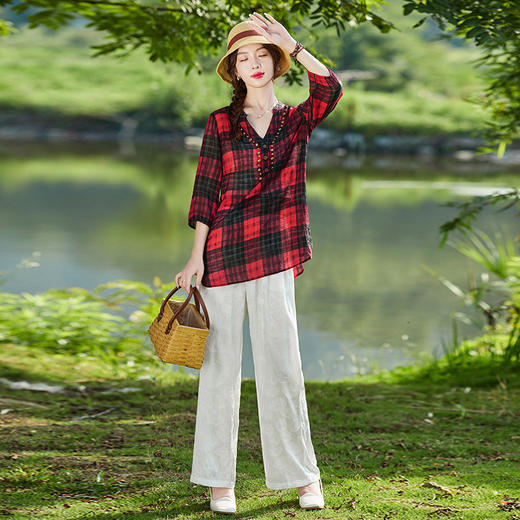 夏季新款，复古风简约通勤轻薄格子衬衫配提花缎面阔腿裤套装女HR-WS22609 商品图0
