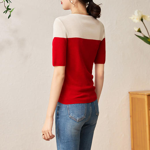 时尚撞色，16针80支极细美丽诺羊毛小众设计拼色系带抽绳T恤针织衫WLZD-2301806 商品图2