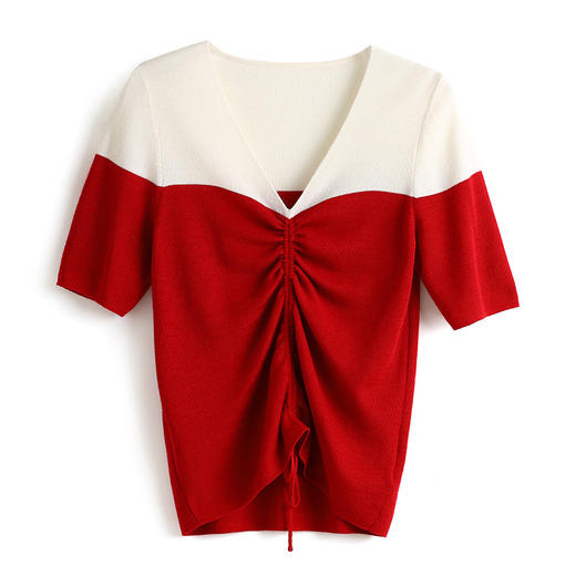 时尚撞色，16针80支极细美丽诺羊毛小众设计拼色系带抽绳T恤针织衫WLZD-2301806 商品图4