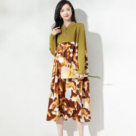 QYZLM58617 长裙子显瘦遮肉微胖针织连衣裙 超长款印花拼接修身显瘦裙子