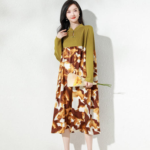 QYZLM58617 长裙子显瘦遮肉微胖针织连衣裙 超长款印花拼接修身显瘦裙子 商品图0