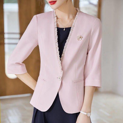 流行木耳边淑女范短外套开衫外搭小西装上衣QL-23926七分袖 商品图1