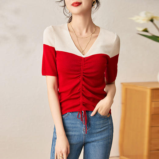 时尚撞色，16针80支极细美丽诺羊毛小众设计拼色系带抽绳T恤针织衫WLZD-2301806 商品图1