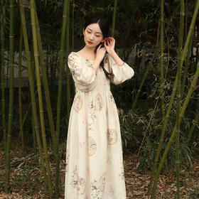 春夏新款，印花天丝麻V领显瘦长裙宽松文艺中长裙连衣裙YM-426