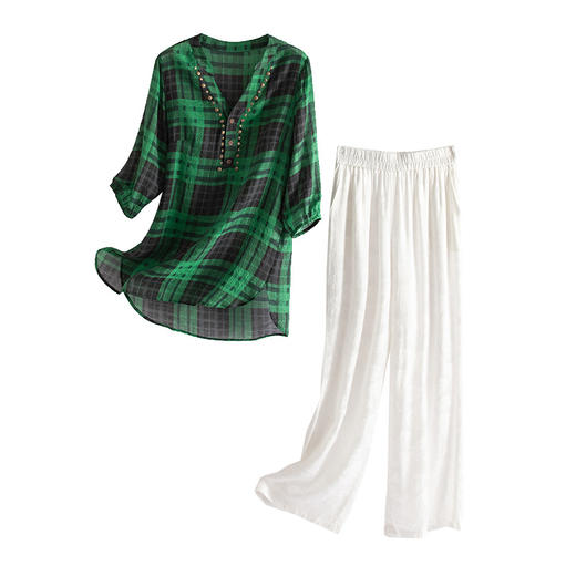 夏季新款，复古风简约通勤轻薄格子衬衫配提花缎面阔腿裤套装女HR-WS22609 商品图4