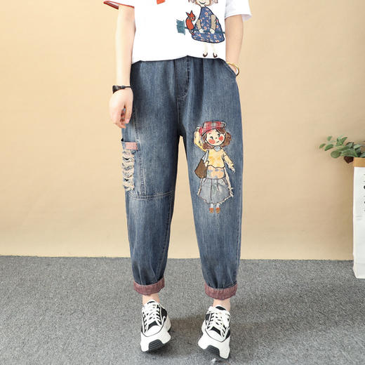 ZM-牛仔裤复古卡通女孩贴布刺绣牛仔裤女宽松显瘦大口袋破洞拼接九分哈伦夏 商品图0